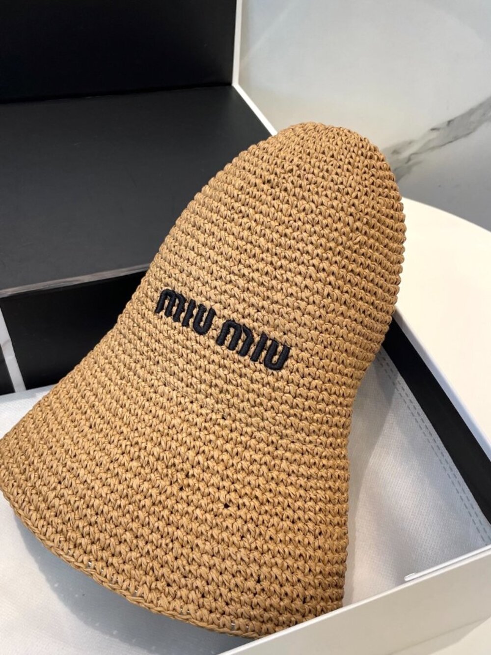 Miu‑Miu Embroidered Logo Straw Bucket Hat Summer Vacation Beach Sun Hat - Picture 6 of 8